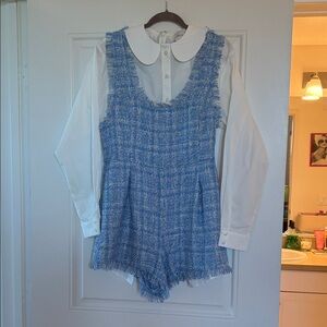 Maeve Blue Tweed Romper with White full blouse from Anthropologie